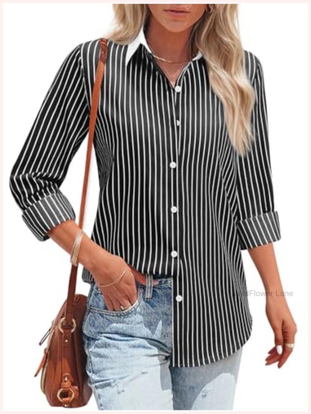 Striped Button Down Shirt for Women Long Sleeve Collared Blouse Cotton Blend